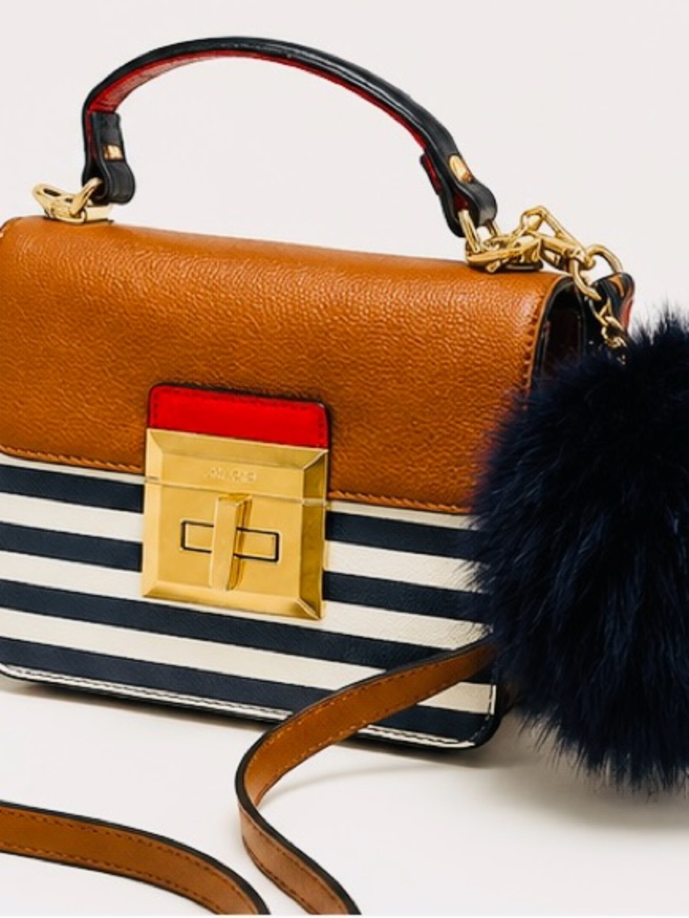 Leather Top-Handle Crossbody Bag in Brown and Navy Stripe